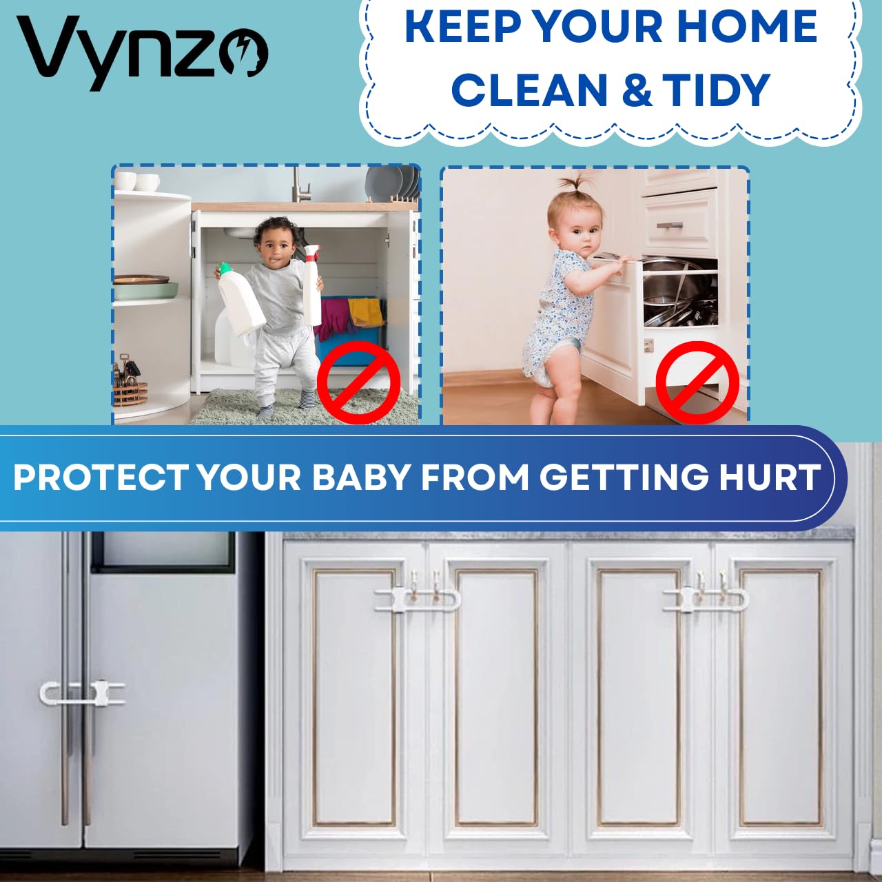 VYNZO cabinet locks white-finish blend with stylish interiors while guarding little explorers.