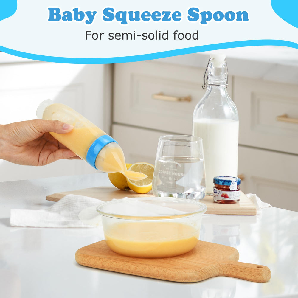 WAJIAYON 3oz dispensing spoon in-use demonstrates one-handed feeding convenience.