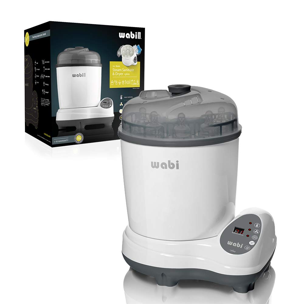 Wabi Baby Electric Steam Sterilizer and Dryer front view for compact bottle sterilization.