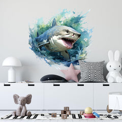 WAFT YEARN nursery shark decal on wall creates a calming, imaginative ocean corner.
