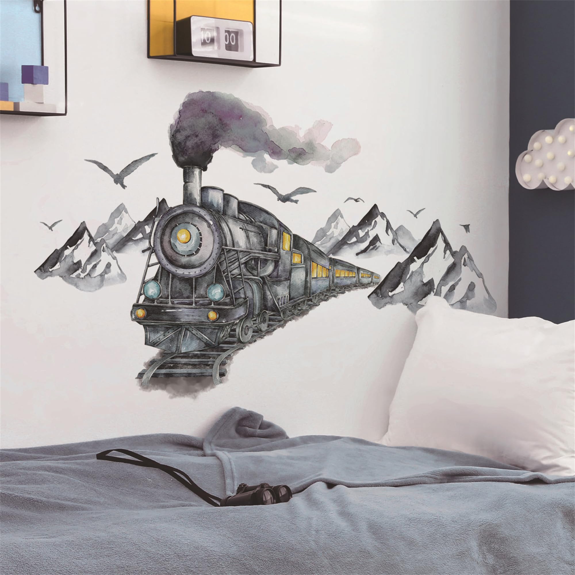 WAFT YEARN watercolor train wall decal enhances kids' rooms with bold scenery and easy decor transformation.