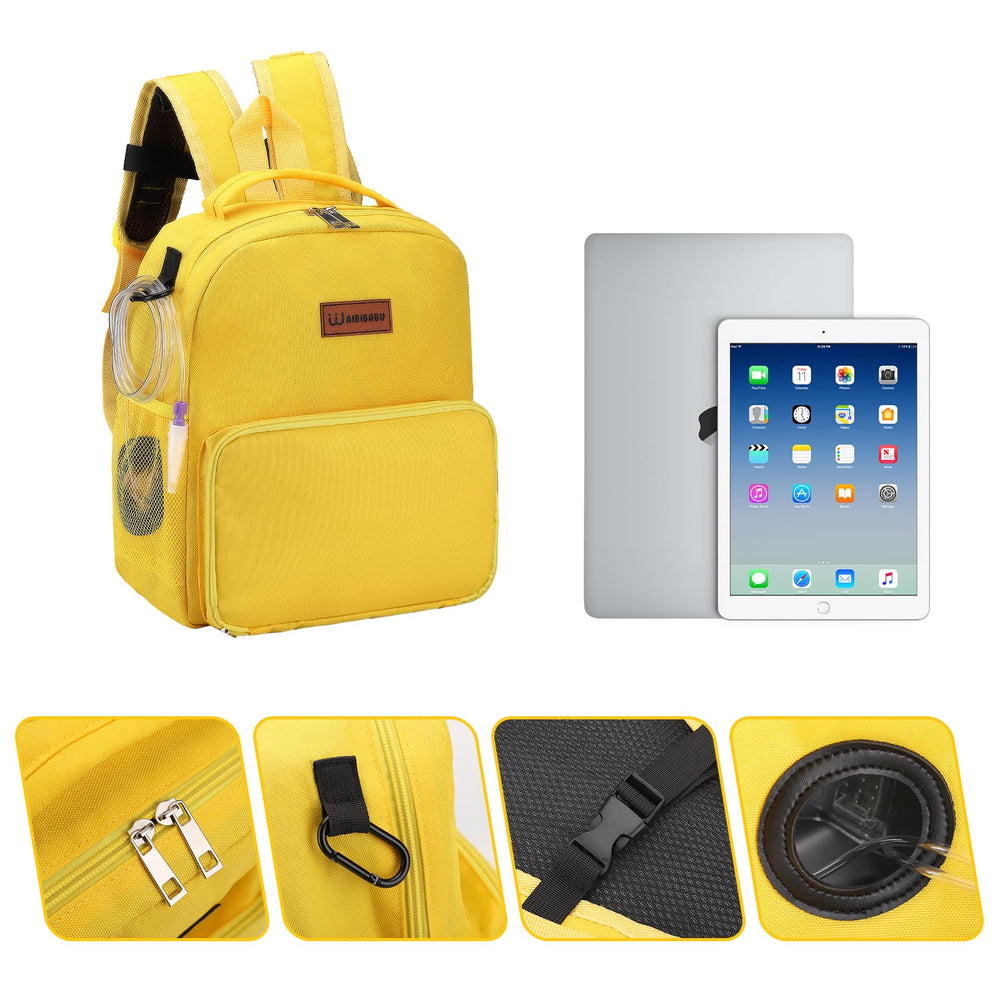 WAIBIBABU feeding tube backpack front-pocket shows Velcro pump fixation.