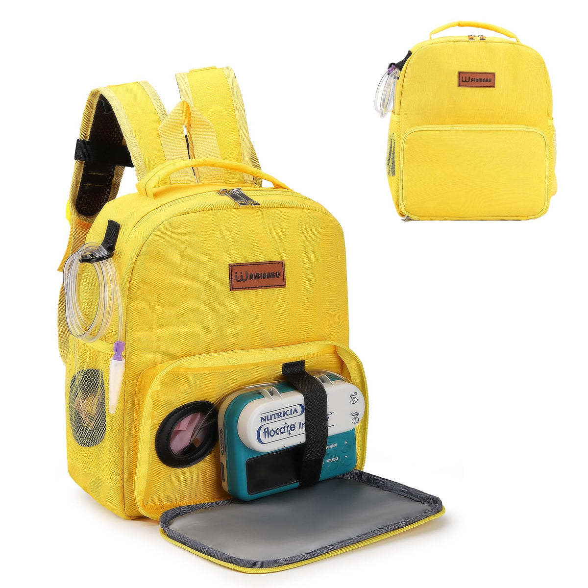 WAIBIBABU feeding tube backpack kid-strap loop secures bag for on-the-go use.