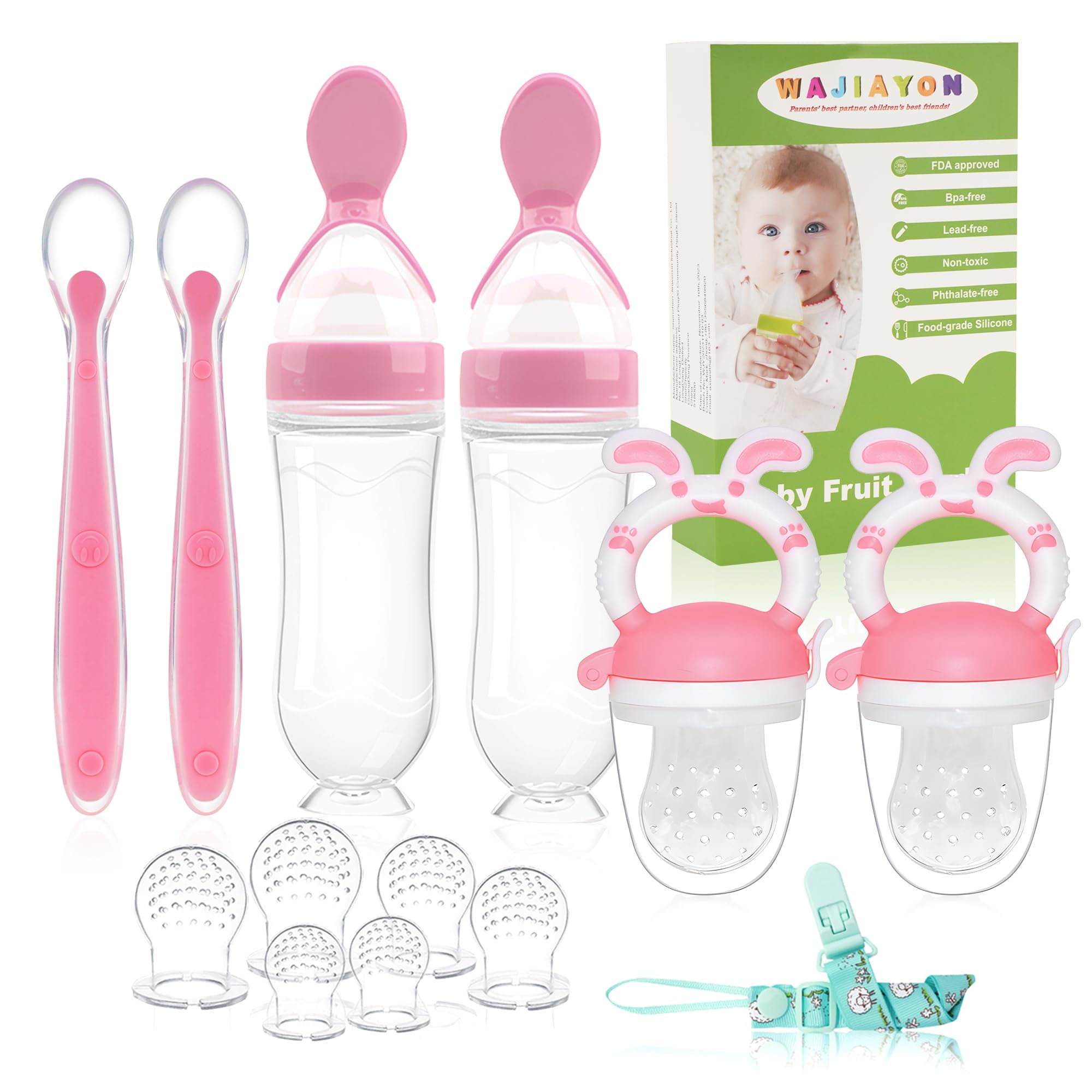 WAJIAYON pink baby fruit feeder pacifier pack enabling safe solids.
