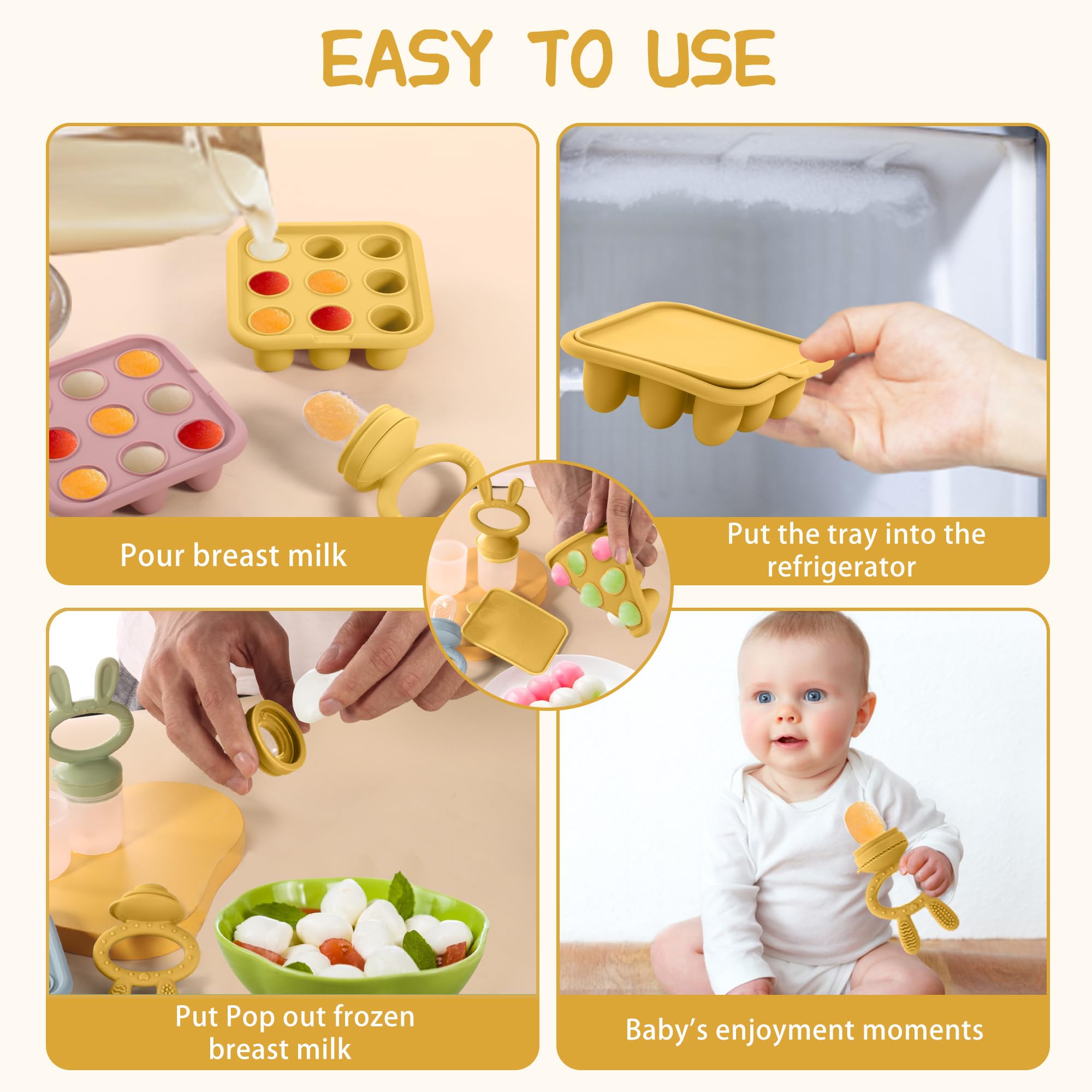 WAJIAYON silicone teether feeder yellow eases gums while supporting self-feeding.