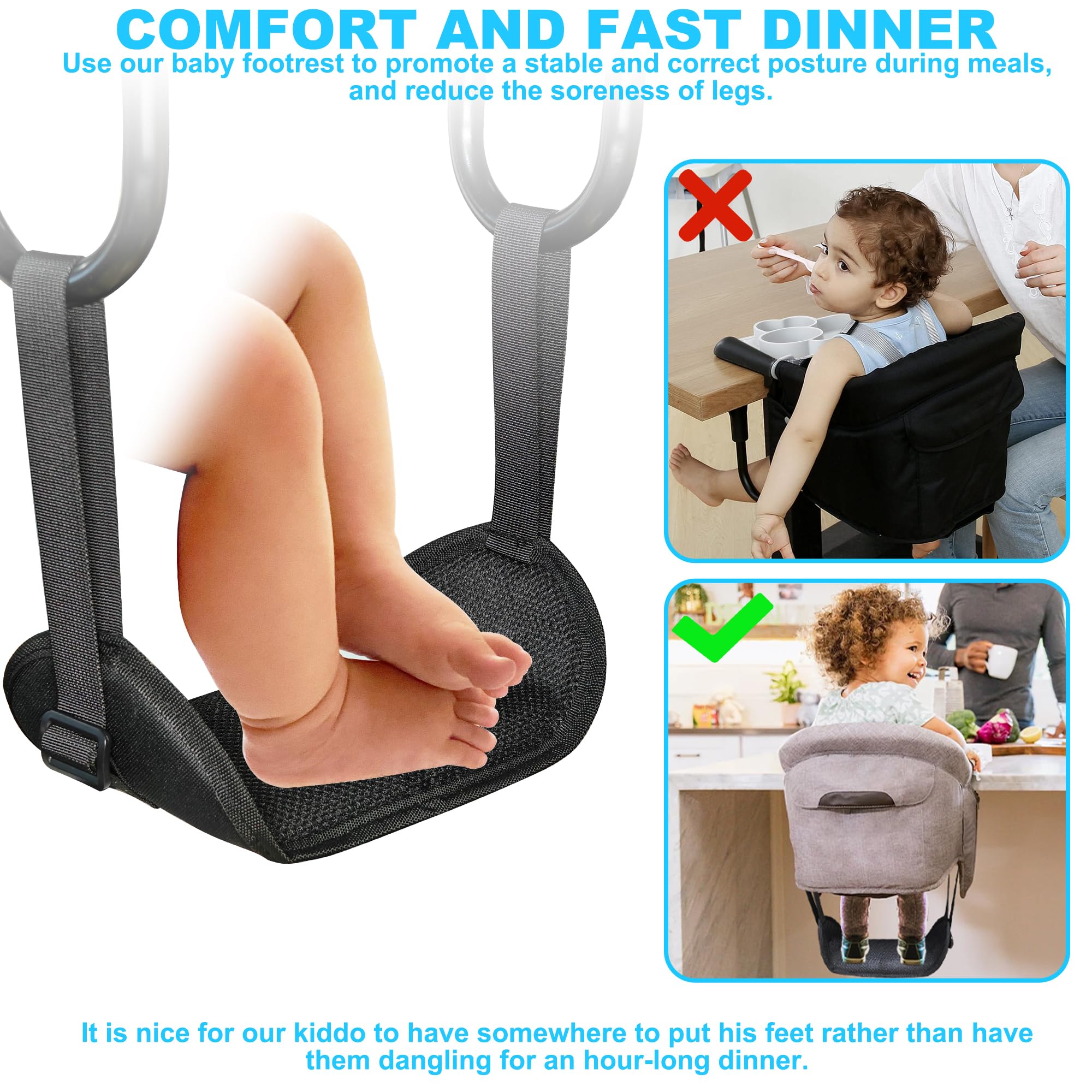 WaiNynyda baby footrest adjustable distance demonstrates easy setup for quick meal transitions.