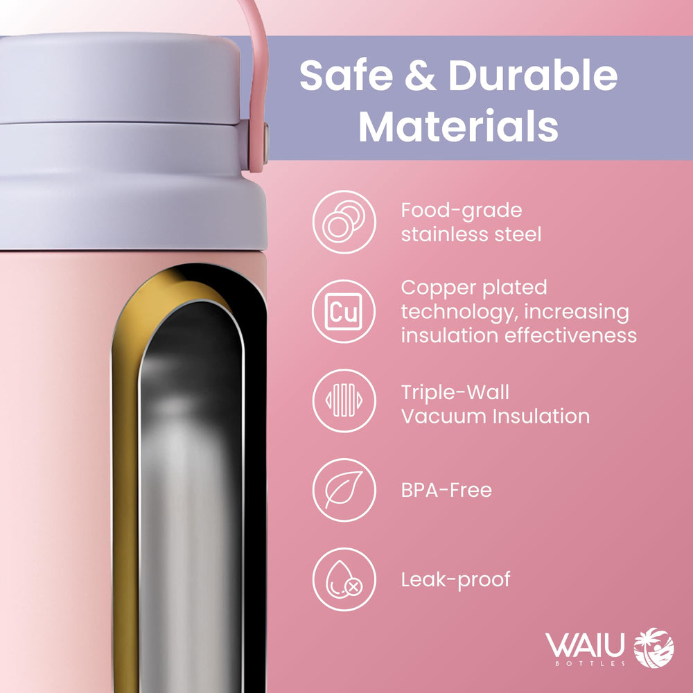 WAIU Bottles use food-grade stainless steel and BPA-free components.