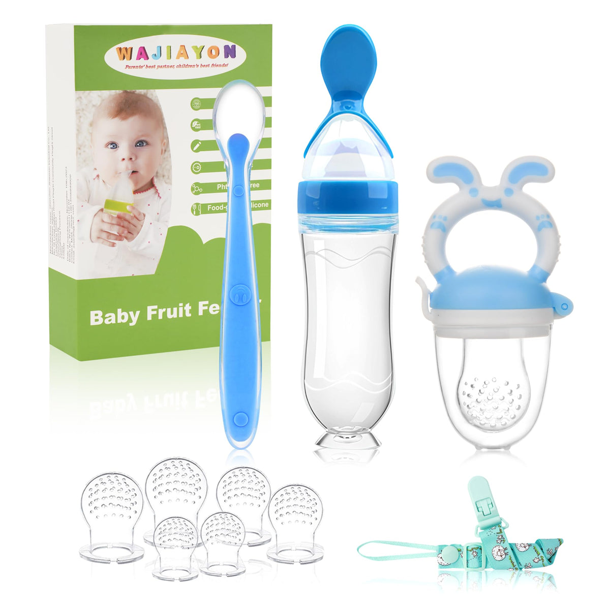 WAJIAYON baby fruit feeder pacifier 3-pack showcases safe solids feeding.