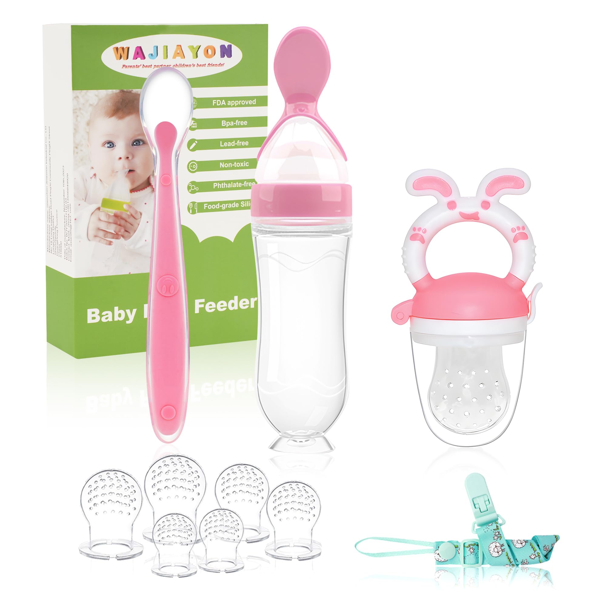 WAJIAYON baby fruit feeder pacifier close-up showing soft silicone pouch for safe solids