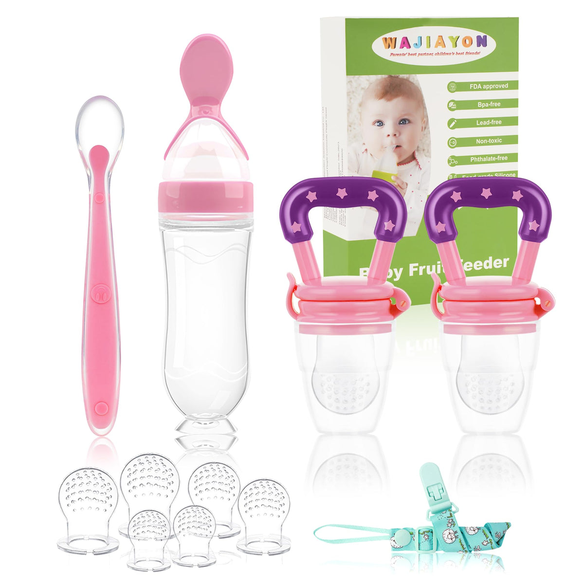 WAJIAYON fruit feeder pacifier pink with small holes enabling safe solid feeding.
