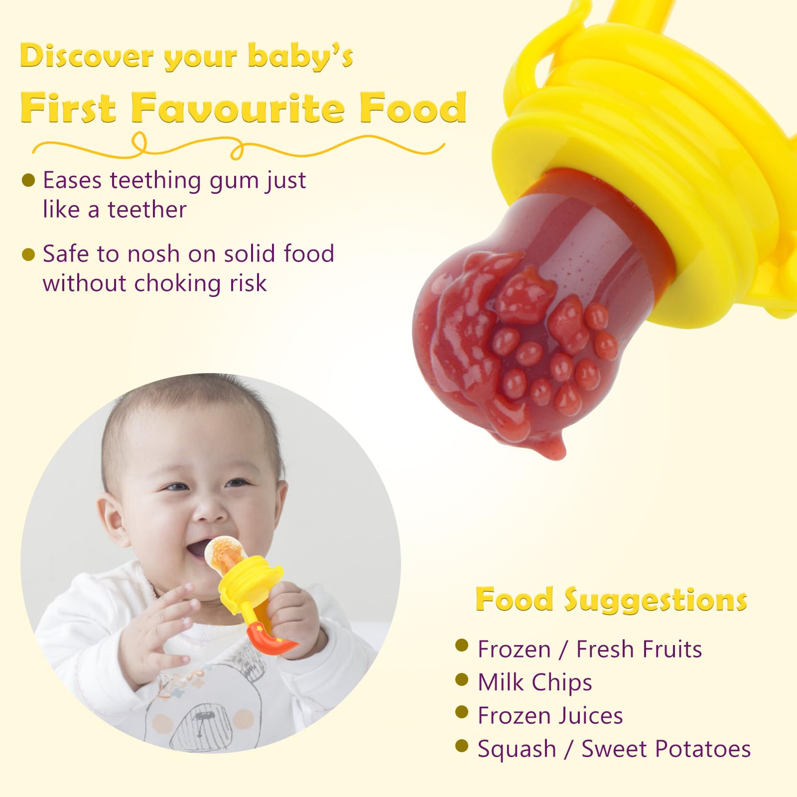 WAJIAYON baby feeder frozen fruit usage demonstrates soothing teething relief through cold textures