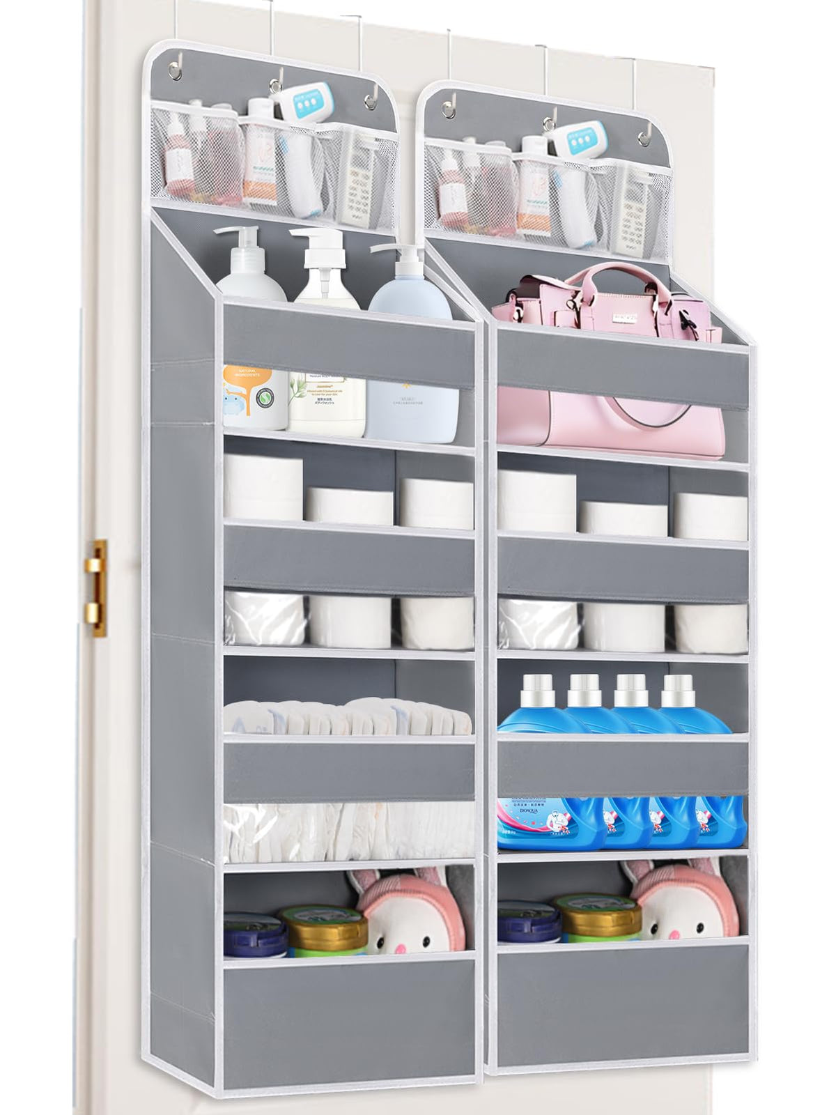 Wakaye over door organizer front view showing four large pockets for toys and diapers