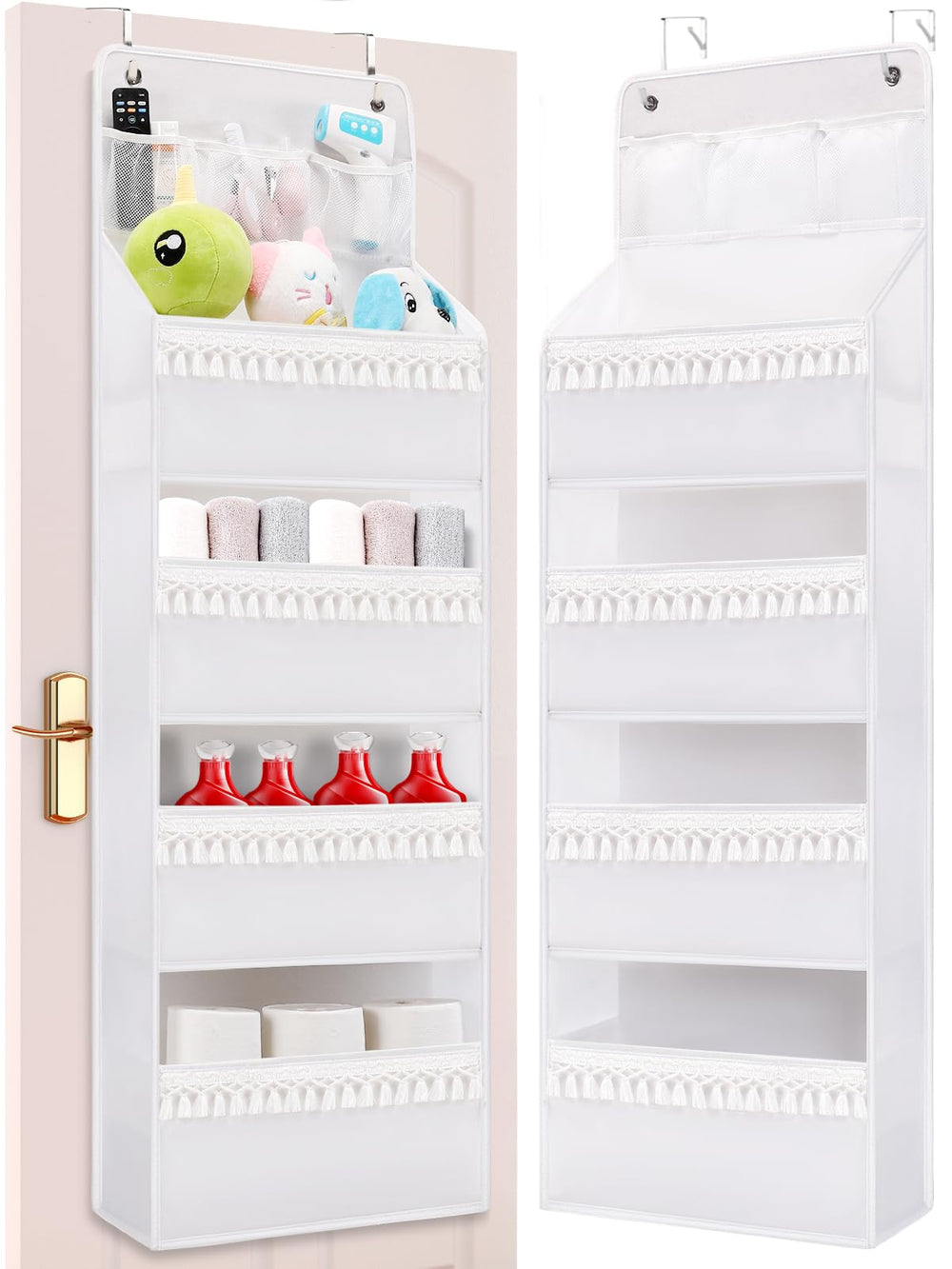 Wakaye over-the-door organizer with boho tassels in white, keeping essentials tidy.