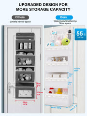 Wakaye over-the-door organizer shows four pockets for cosmetics, diapers, and towels.