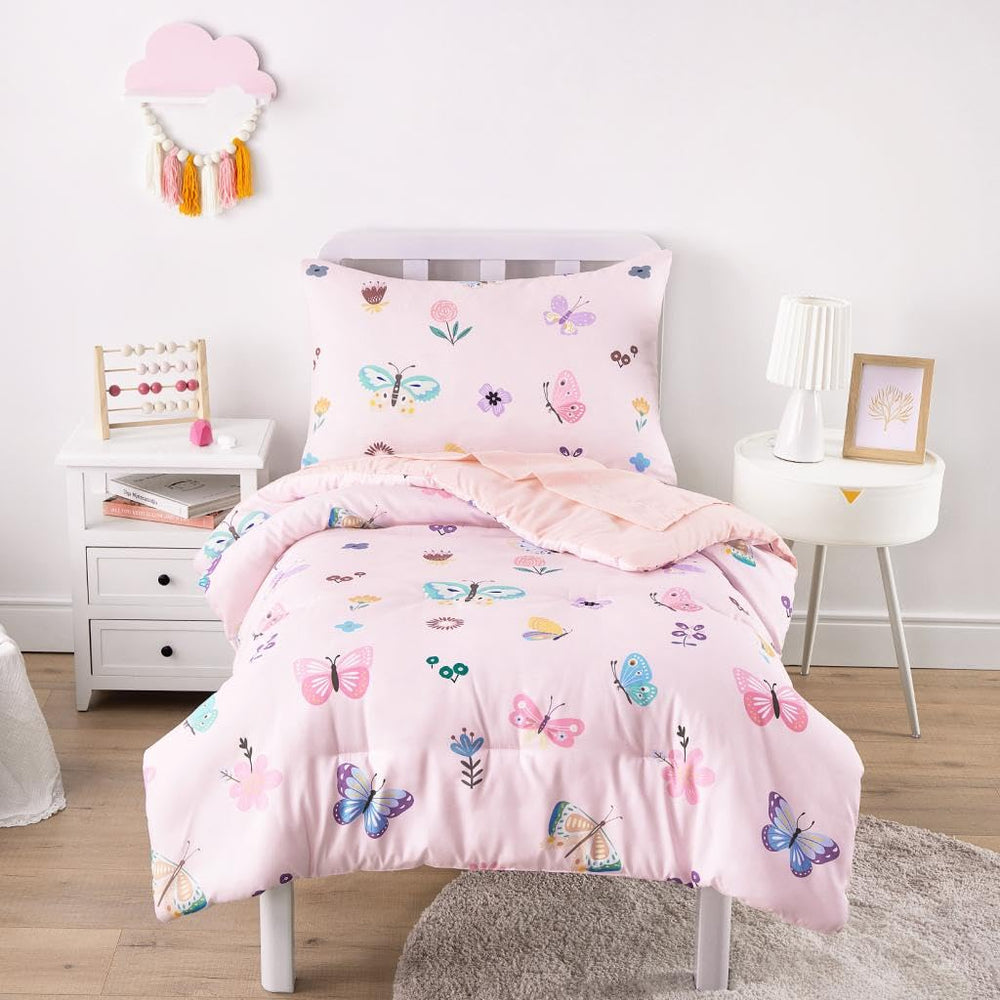 Wake In Cloud butterfly toddler bedding set pink pattern closeup highlights playful design and soft microfiber.