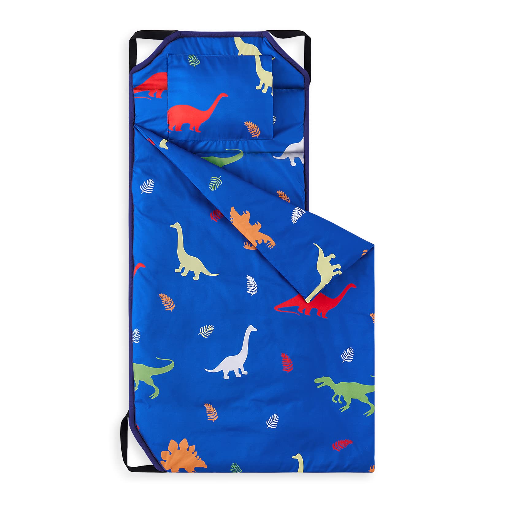 Wake In Cloud cot nap mat dinosaur blue front view for preschool naps.