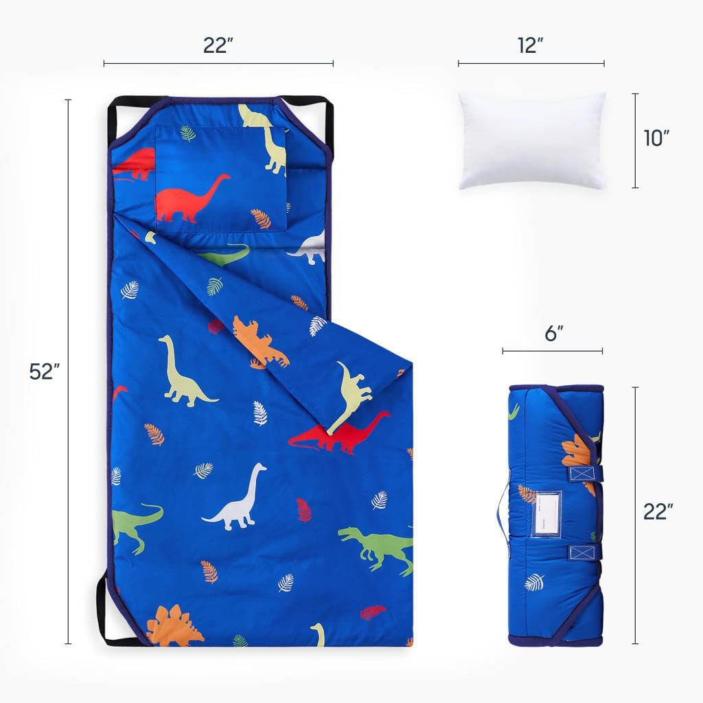 Wake In Cloud cot nap mat dinosaur blue rolled with handle for easy transport.