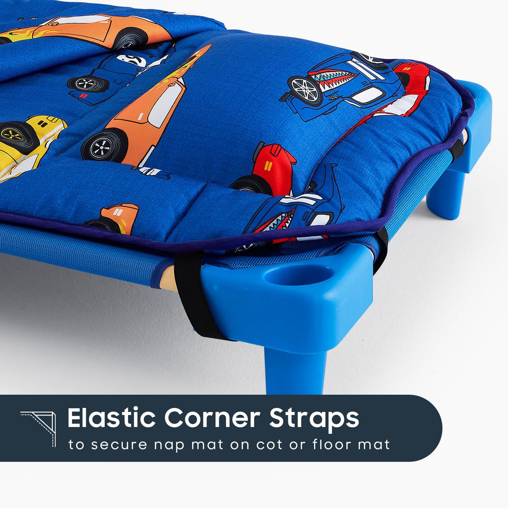 Wake In Cloud nap mat elastic corner straps help keep mat in place blue.