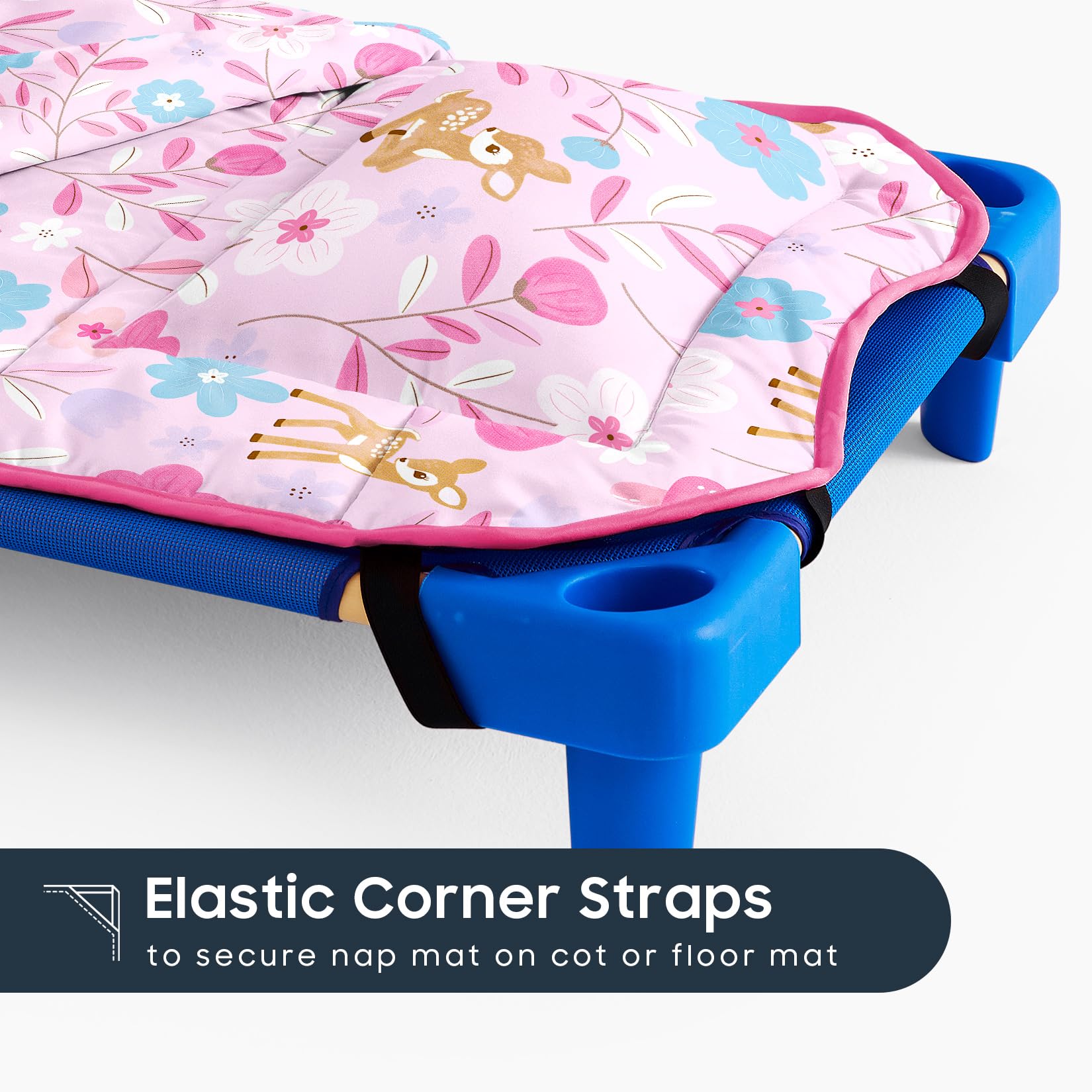 Wake In Cloud cot nap mat elastic corner straps keep it neatly in place.