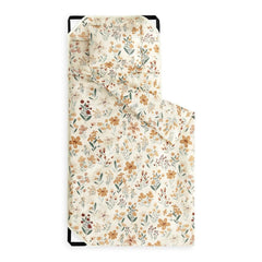 Wake In Cloud cot nap mat floral orange cream closeup highlights vibrant pattern for cozy preschool naps.