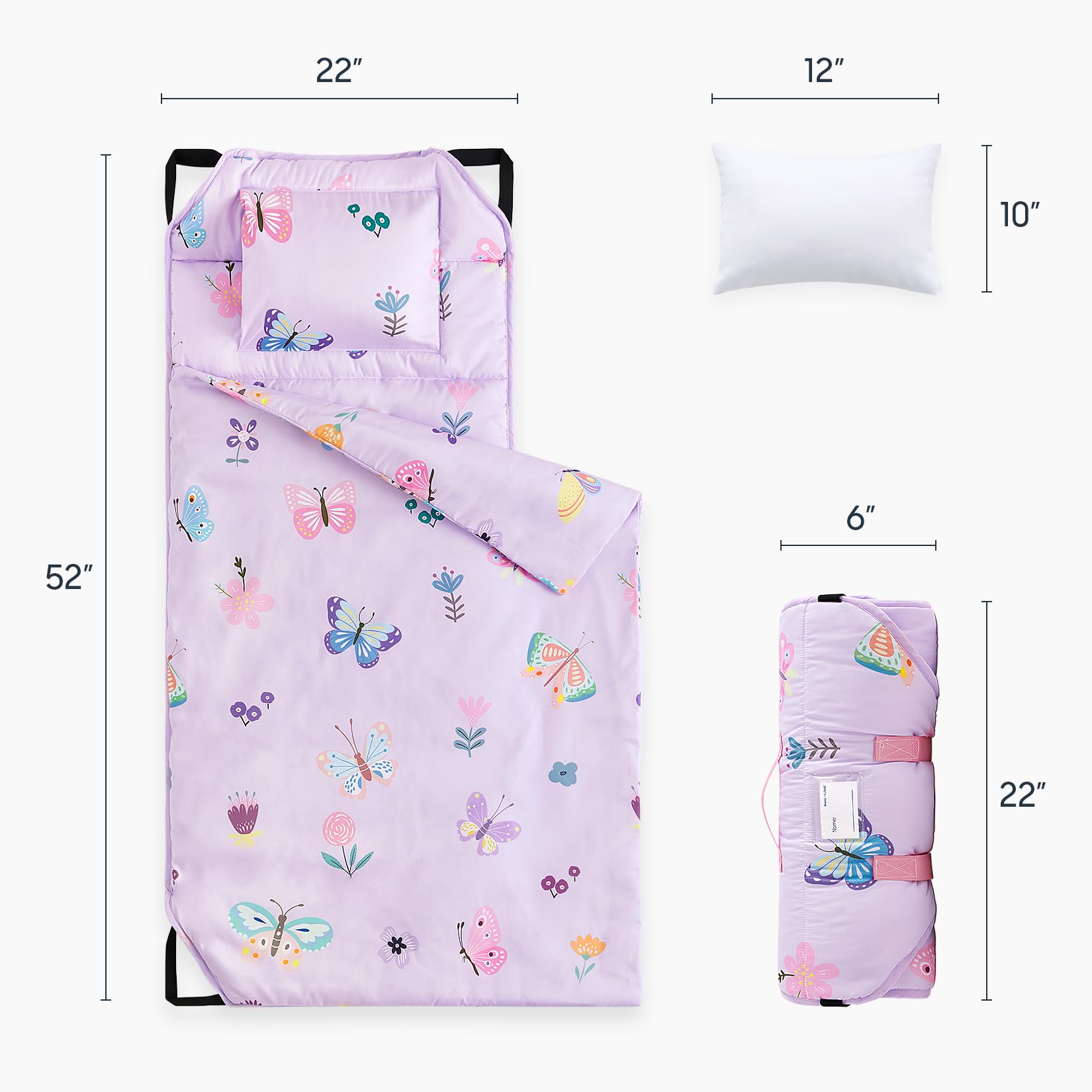 Wake In Cloud cot nap mat folded with strap demonstrates portable, easy travel for daycare.