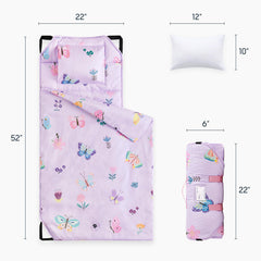 Wake In Cloud cot nap mat folded with strap demonstrates portable, easy travel for daycare.