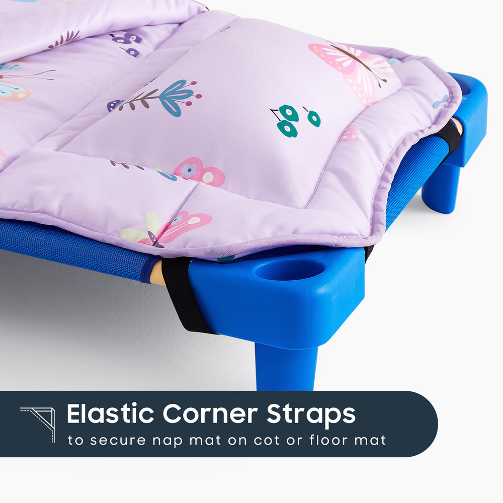 Wake In Cloud cot nap mat name card area helps quick child identification.