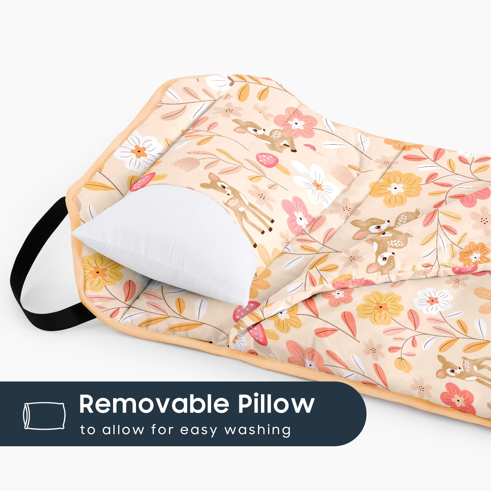 Wake In Cloud cot nap mat rolled up with handle for easy transport