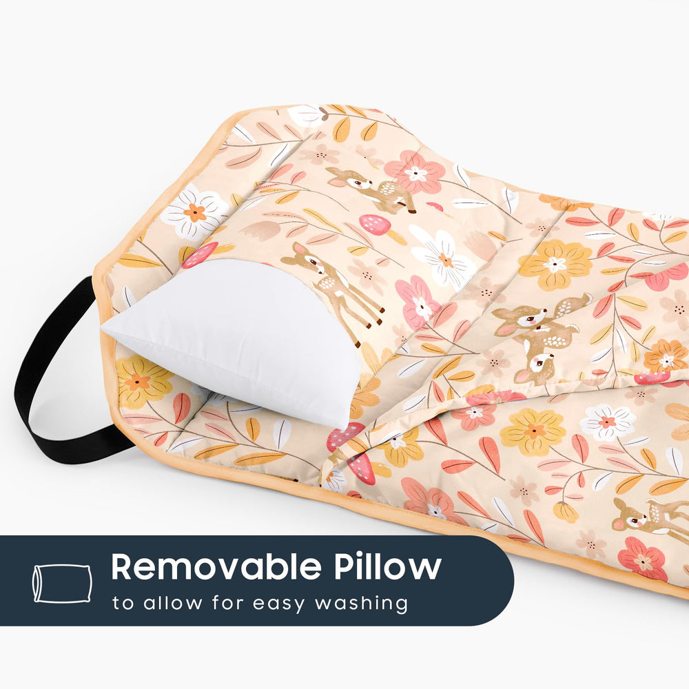 Wake In Cloud cot nap mat rolled up with handle for easy transport