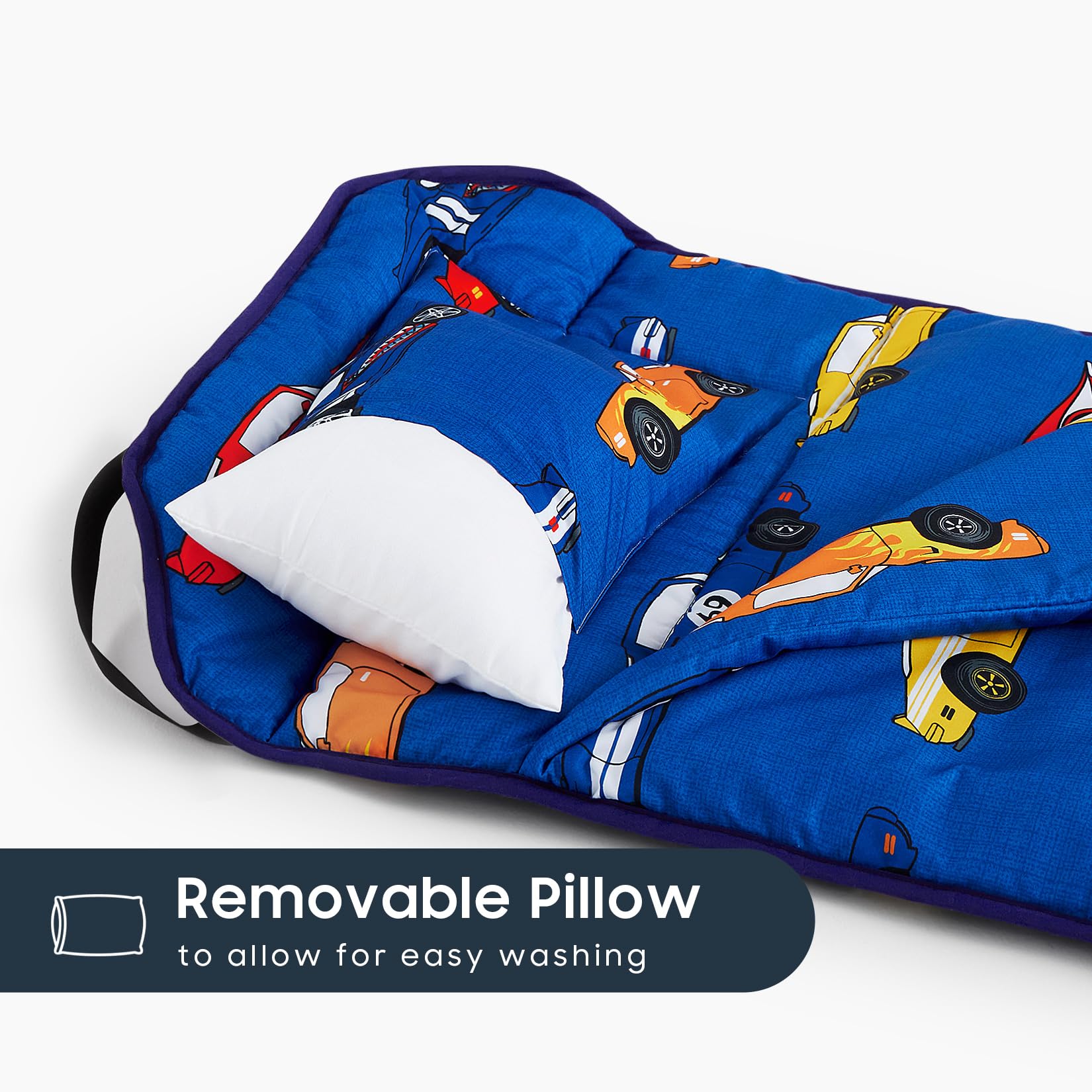Wake In Cloud nap mat rolled with handle for easy transport blue.