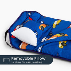 Wake In Cloud nap mat rolled with handle for easy transport blue.