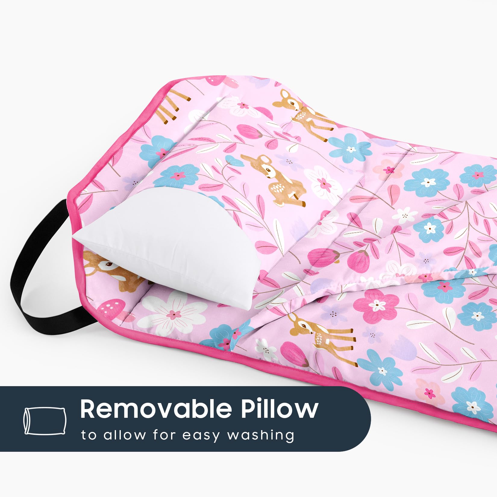Wake In Cloud cot nap mat rolled with strap for easy transport between daycare.