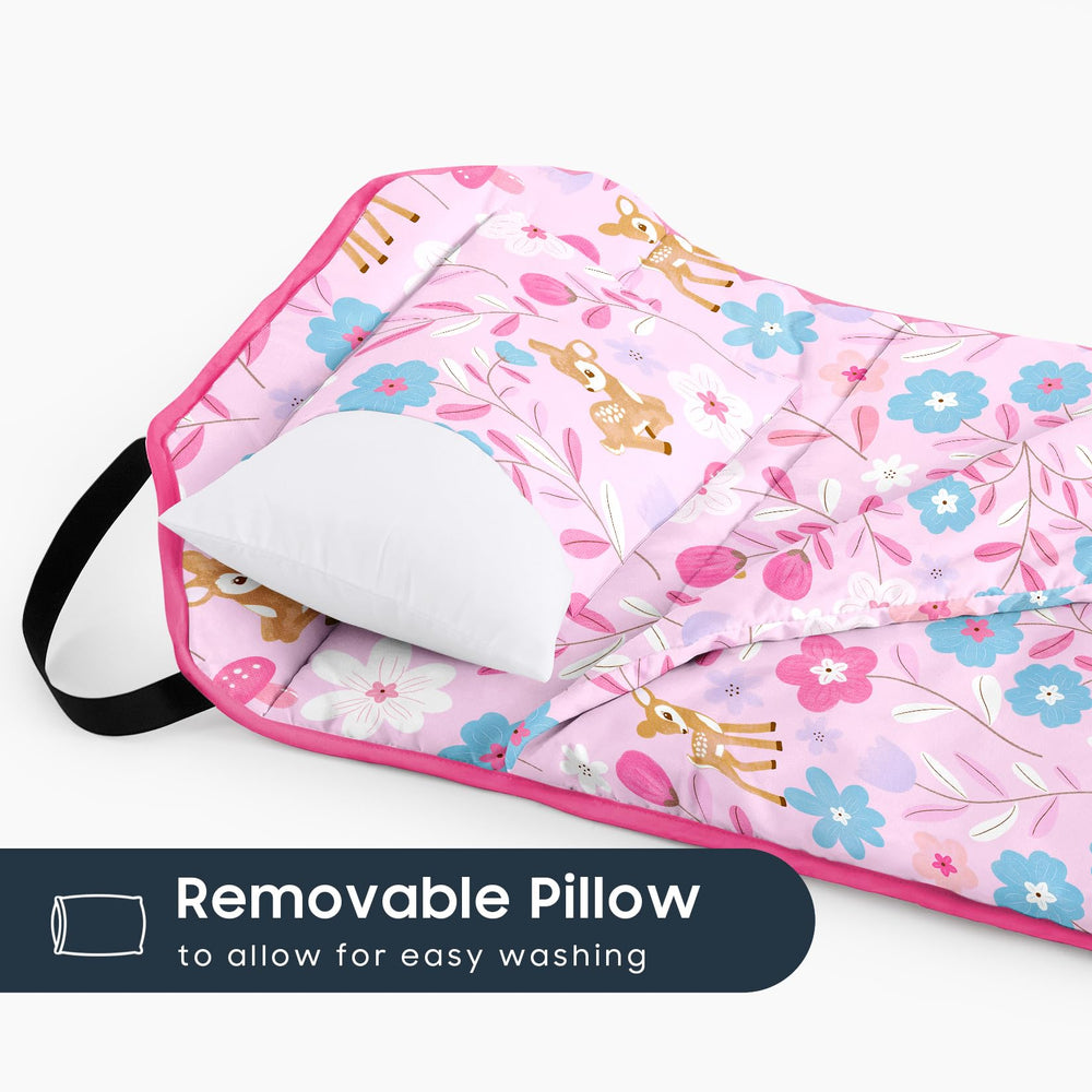 Wake In Cloud cot nap mat rolled with strap for easy transport between daycare.
