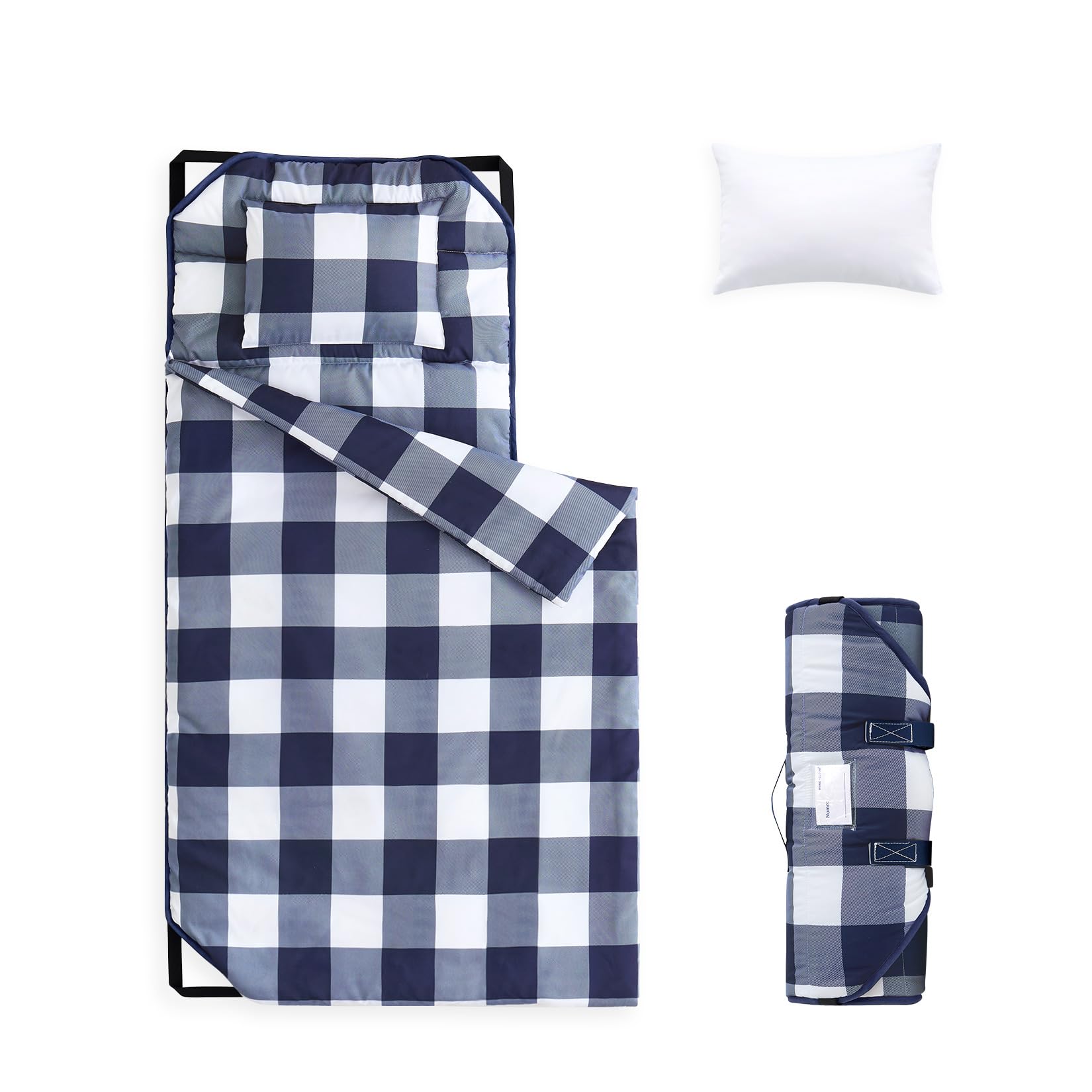 Wake In Cloud cot nap mat rolled with handle for easy daycare portability.