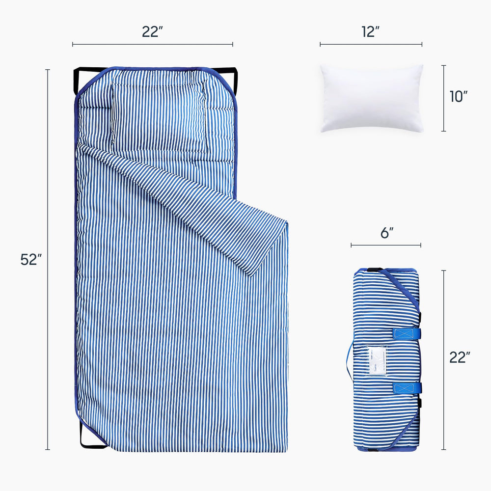 Wake In Cloud nap mat rolled with hook-and-loop fastener for easy transport.
