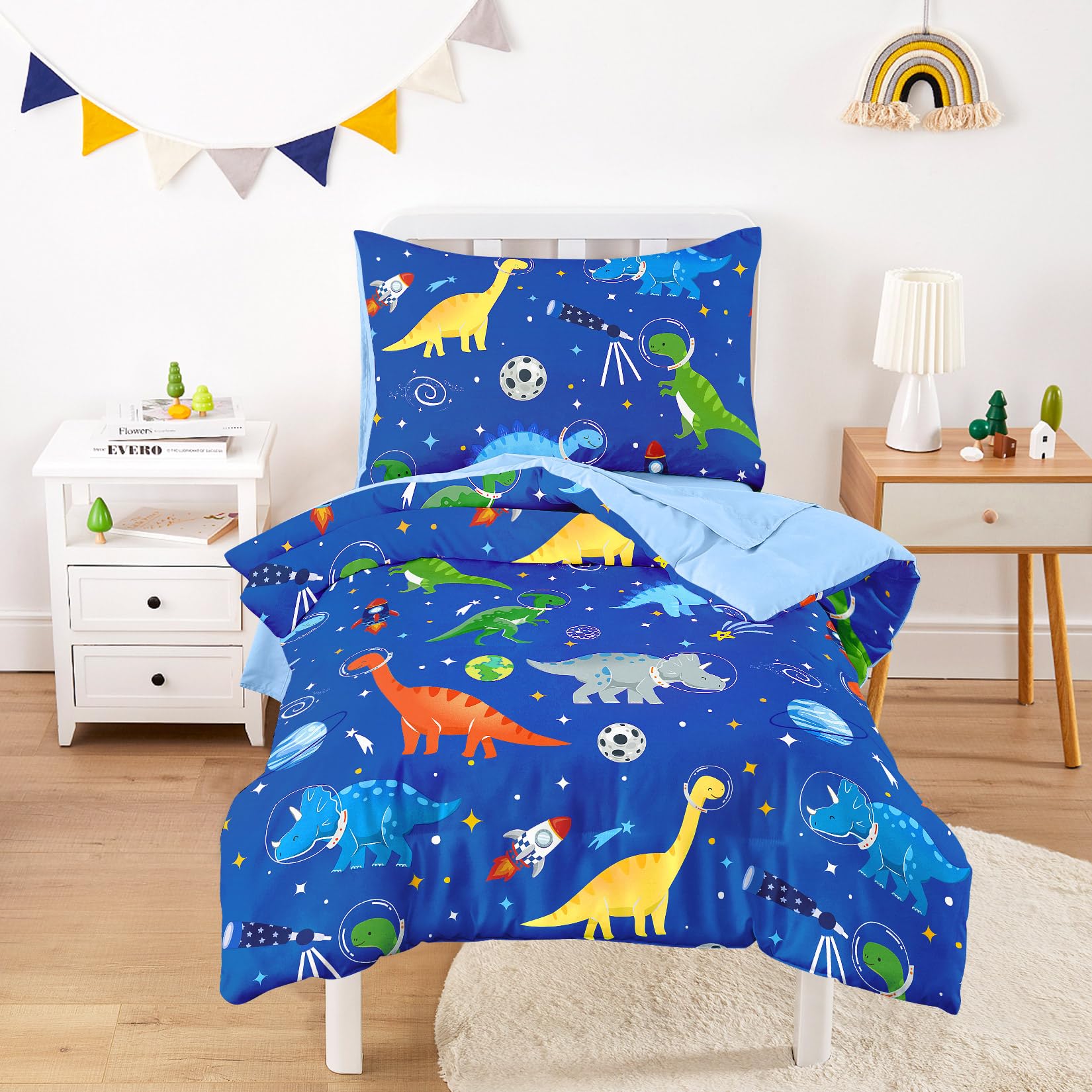 Wake In Cloud dinosaur-astronaut comforter closeup showing soft brushed microfiber texture for cozy nights