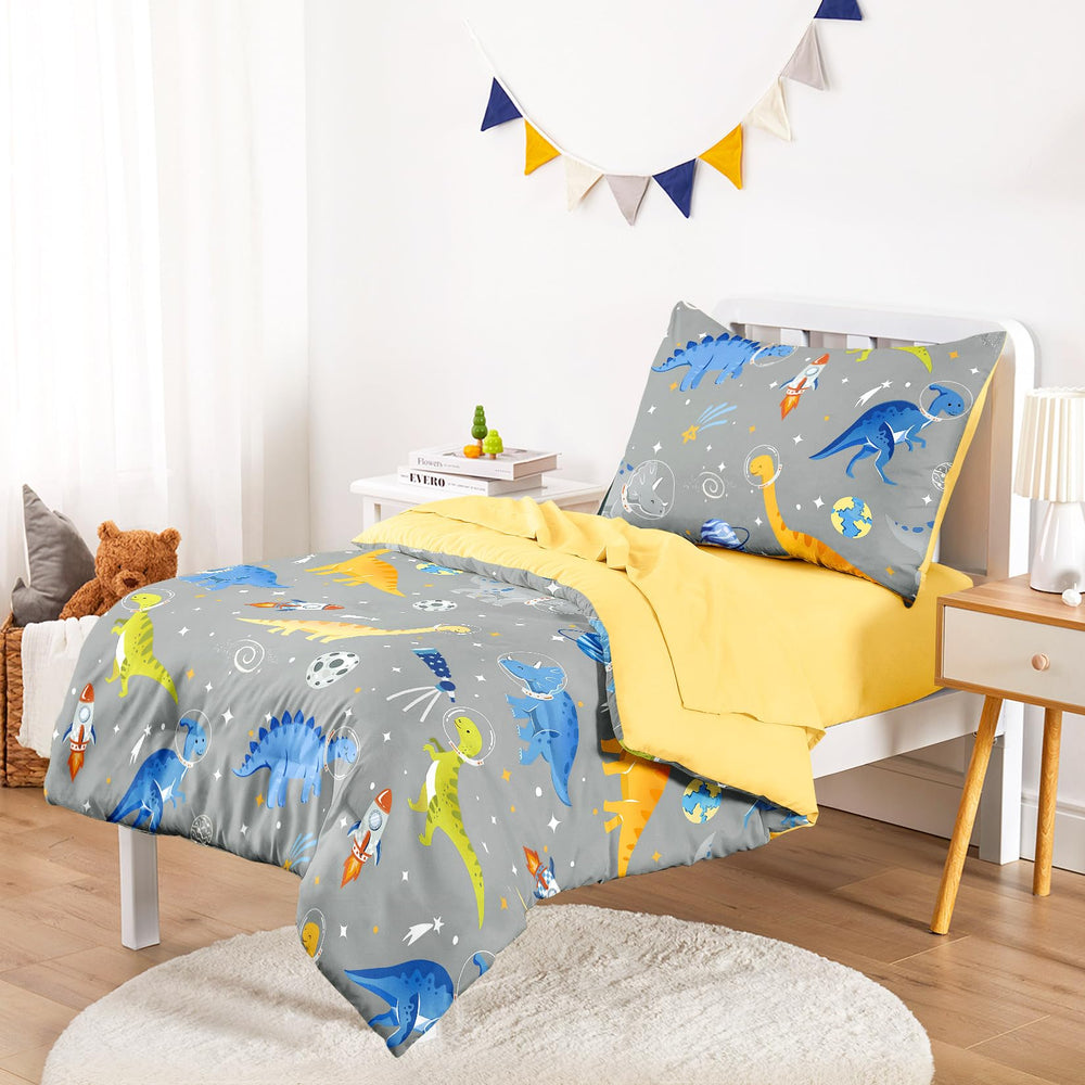 Wake In Cloud dinosaur-astronaut flat sheet with vibrant space dinosaurs for cozy bed changes
