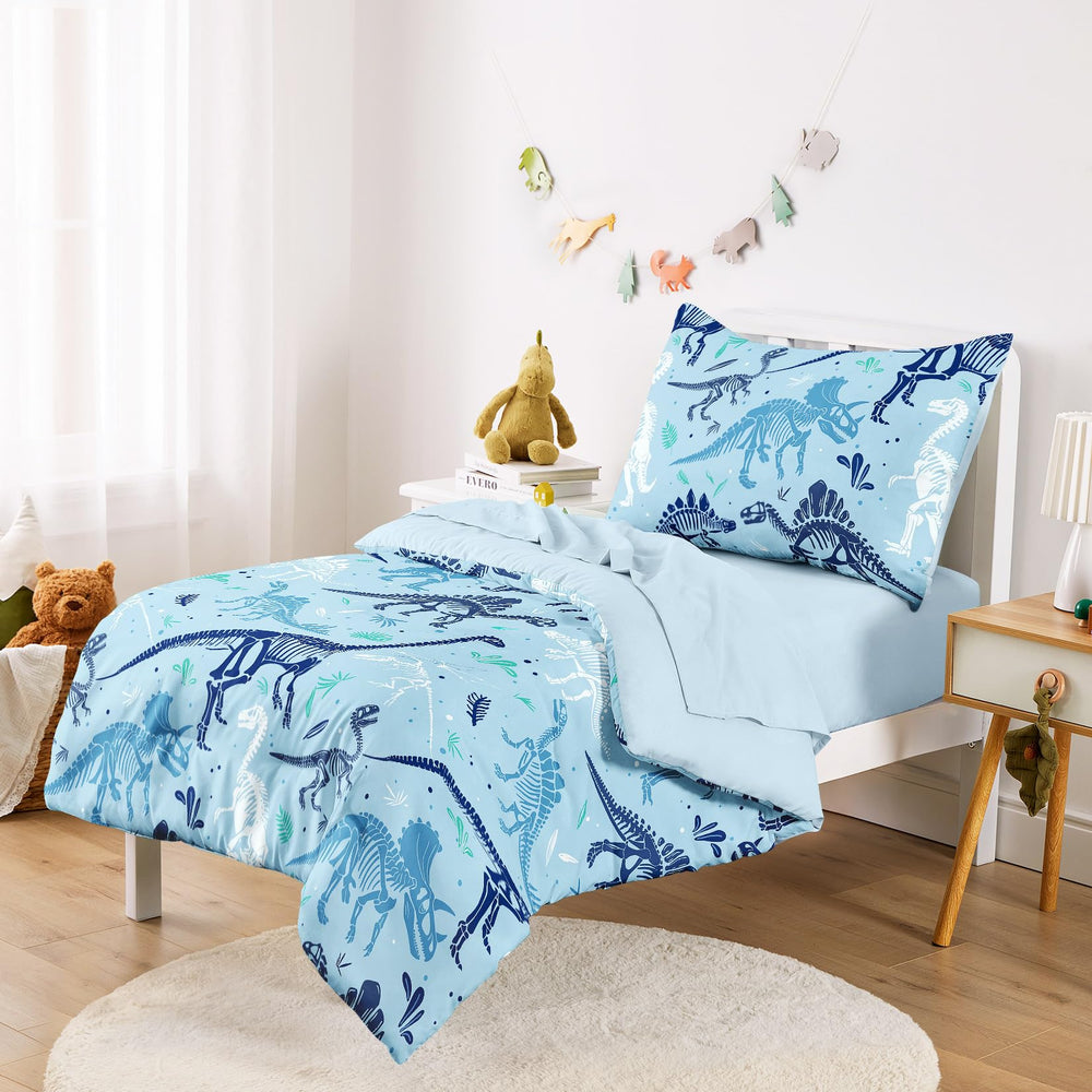 Wake In Cloud dinosaur bedding flat sheet in light blue for cozy toddler coverage