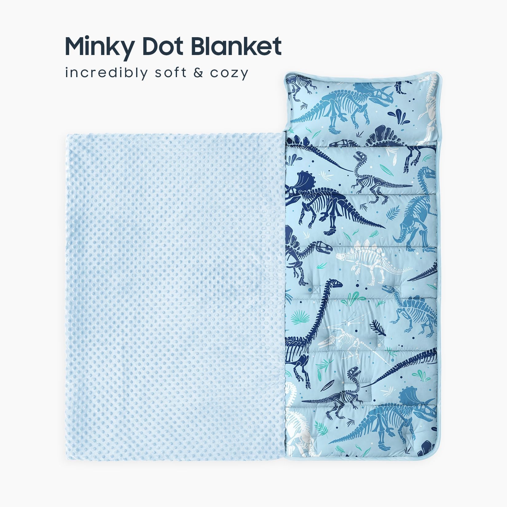 Wake In Cloud dinosaur nap mat laid flat showing 53x21 inches for daycare.