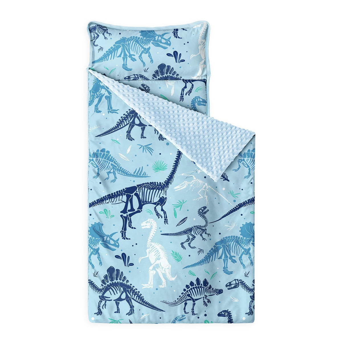 Wake In Cloud dinosaur nap mat rolled for easy preschool naptime and travel.