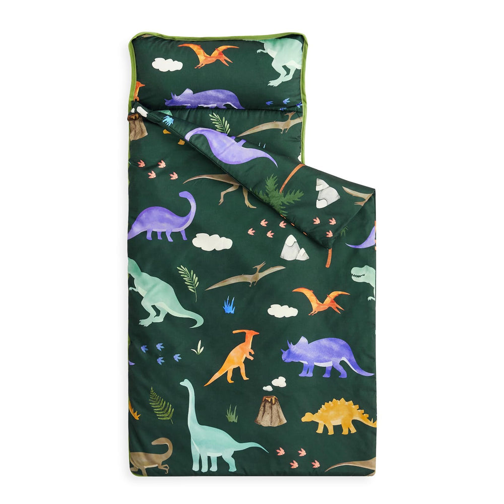Wake In Cloud dinosaur nap mat rolled up for easy preschool travel.