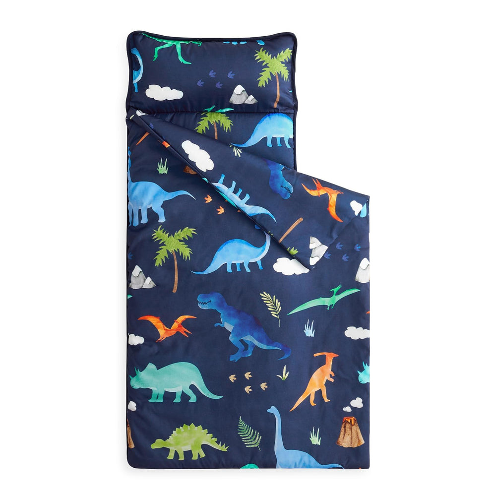 Wake In Cloud dinosaur nap mat rolled up for easy preschool transport