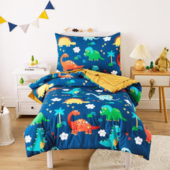 Wake In Cloud dinosaur-pattern bedding in navy blue adds playful comfort for toddlers.