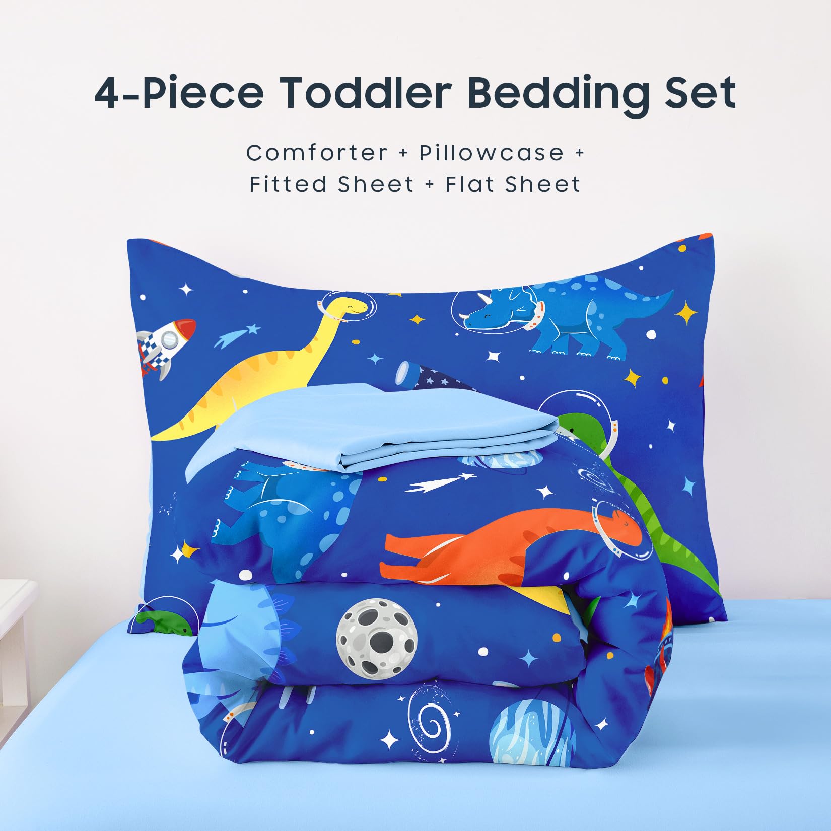 Wake In Cloud dinosaur-rocket-royal-blue scene showcasing durable, easy-care bedding for busy mornings