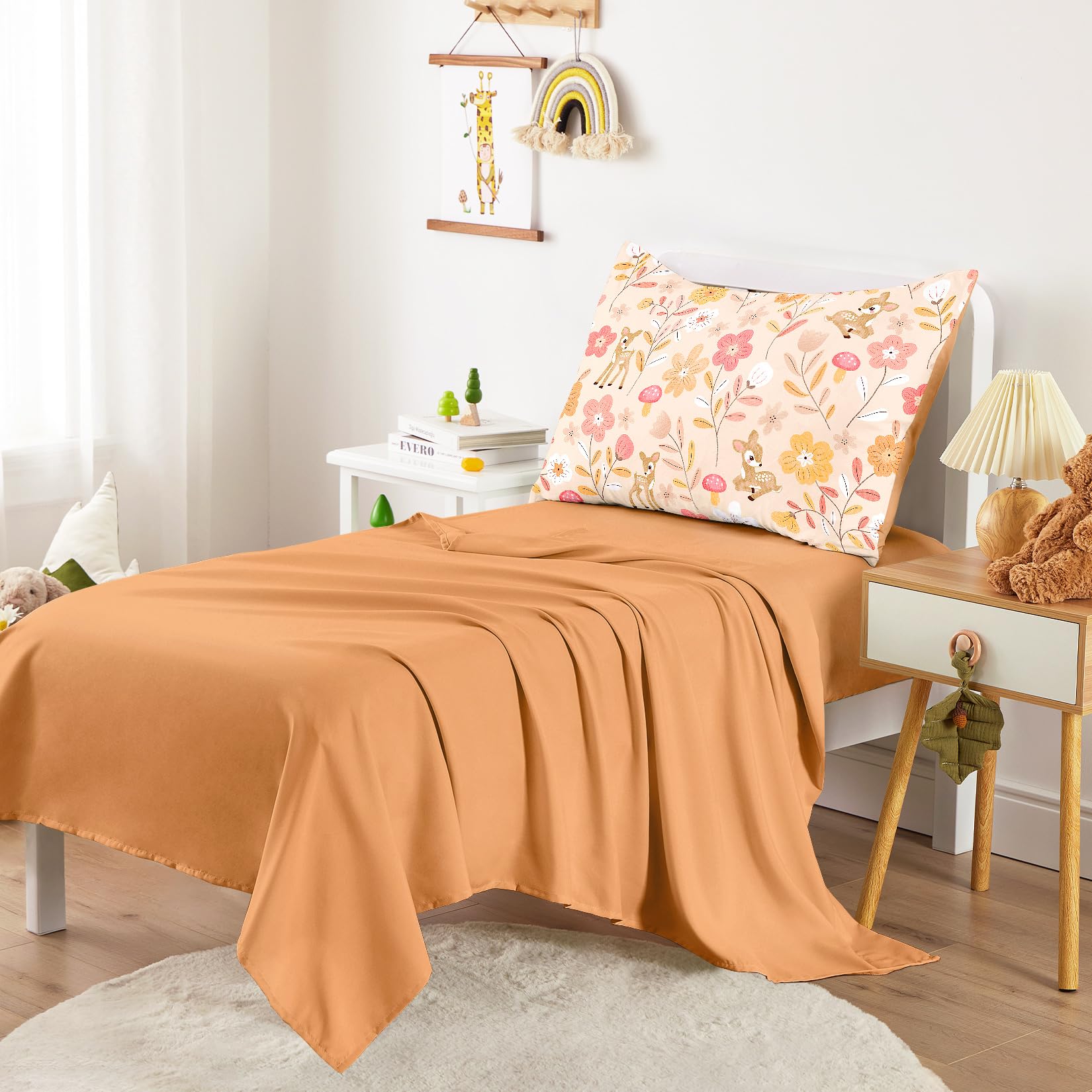 Wake In Cloud floral pattern features deer among poppies, daisies, and tulips for a lively kid's room.