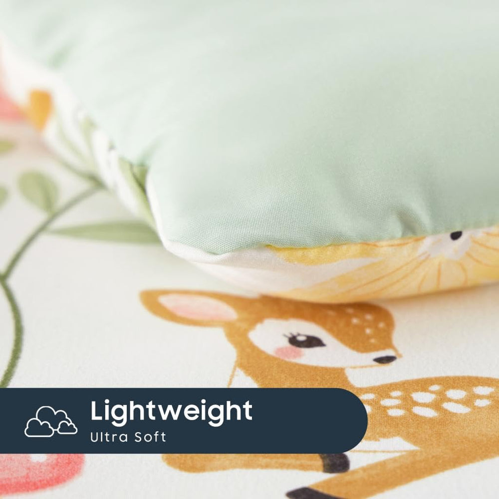 Wake In Cloud floral pattern zoom highlighting stitching on the comforter.