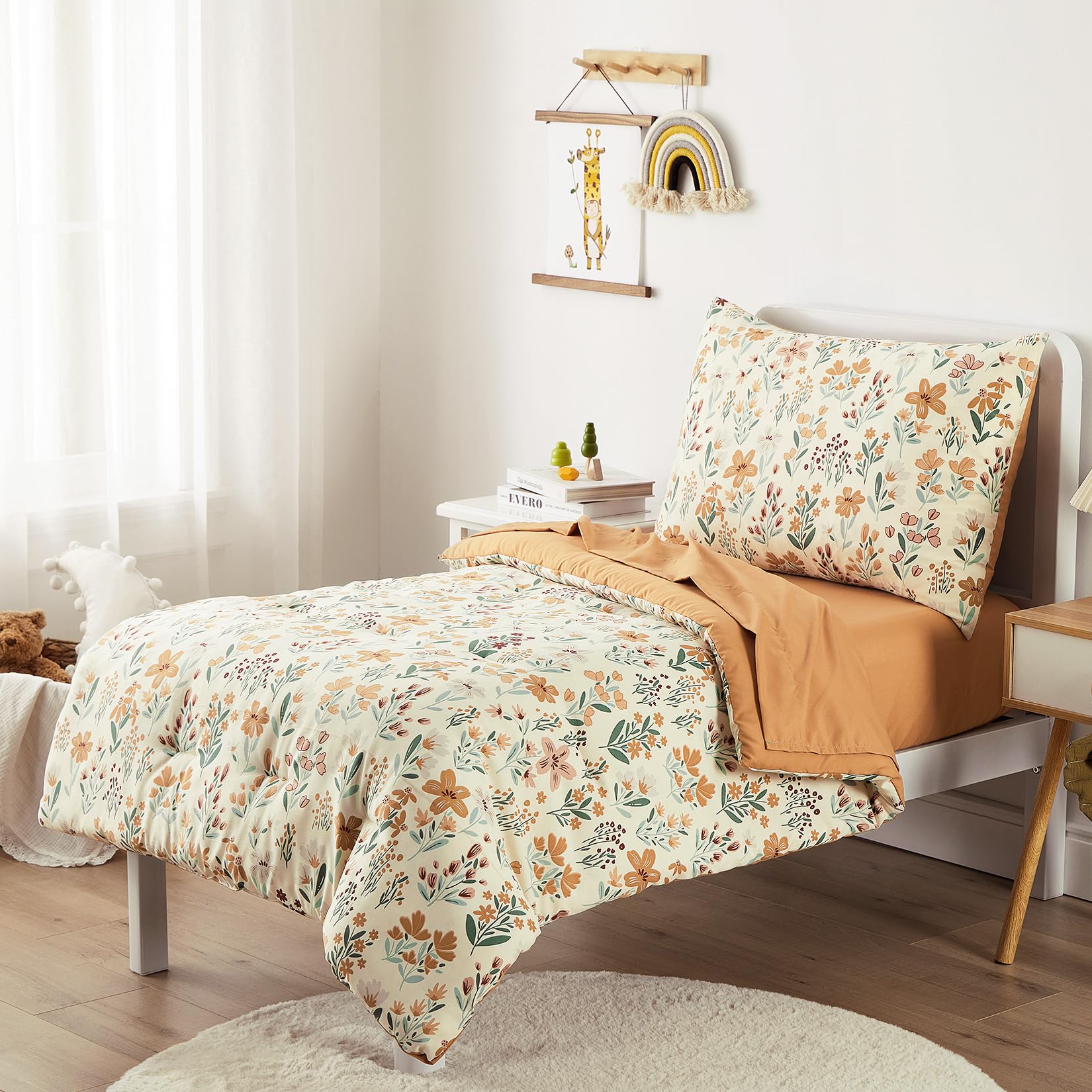 Wake In Cloud floral toddler bedding flat sheet provides a smooth, breathable sleep surface.