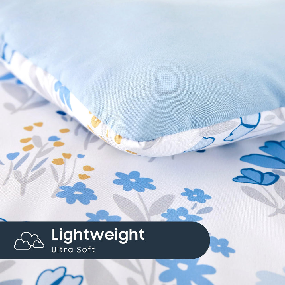 Wake In Cloud floral-toddler-bedding-room-scene cozy nursery setup with blue and white.