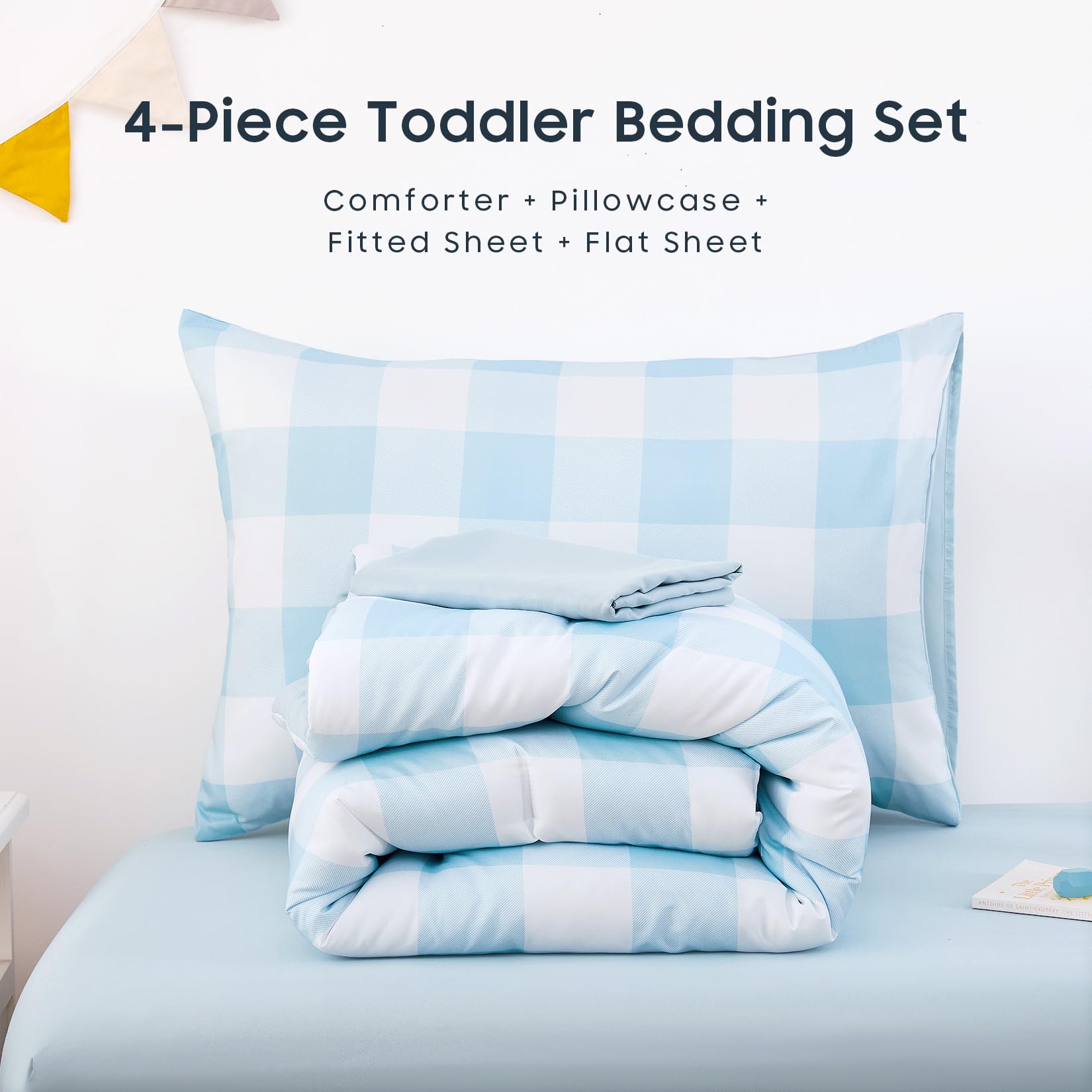 Wake In Cloud gingham toddler bedding set on a bed in light blue to brighten a child's room