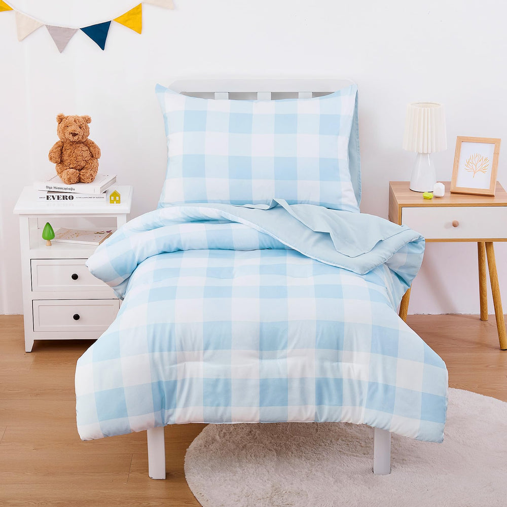 Wake In Cloud gingham toddler comforter close-up shows soft microfiber feel